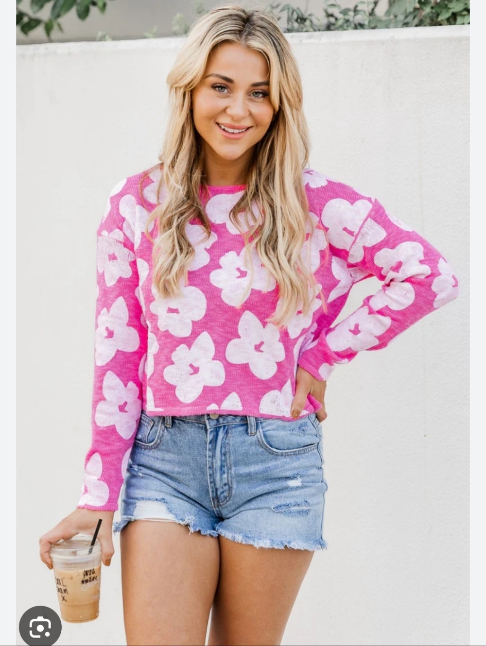 Pink Lily Pink & White Large Floral Print Sweater
